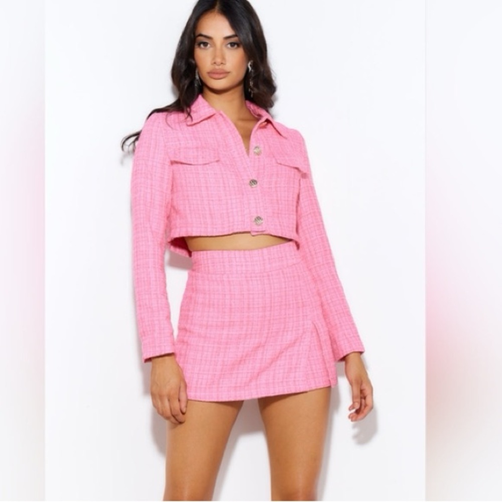 Hello Molly Bubblegum Pink Tweed Cropped Jacket & Mini Skirt Set